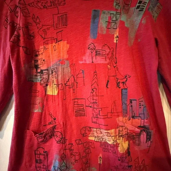 JESS & JANE Artistic Red Cotton Long Sleeve Top, L - Picture 4 of 6